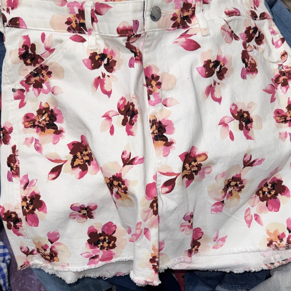 Workshop Republic Clothing White Jean Shorts with Pink & Brown Floral Print